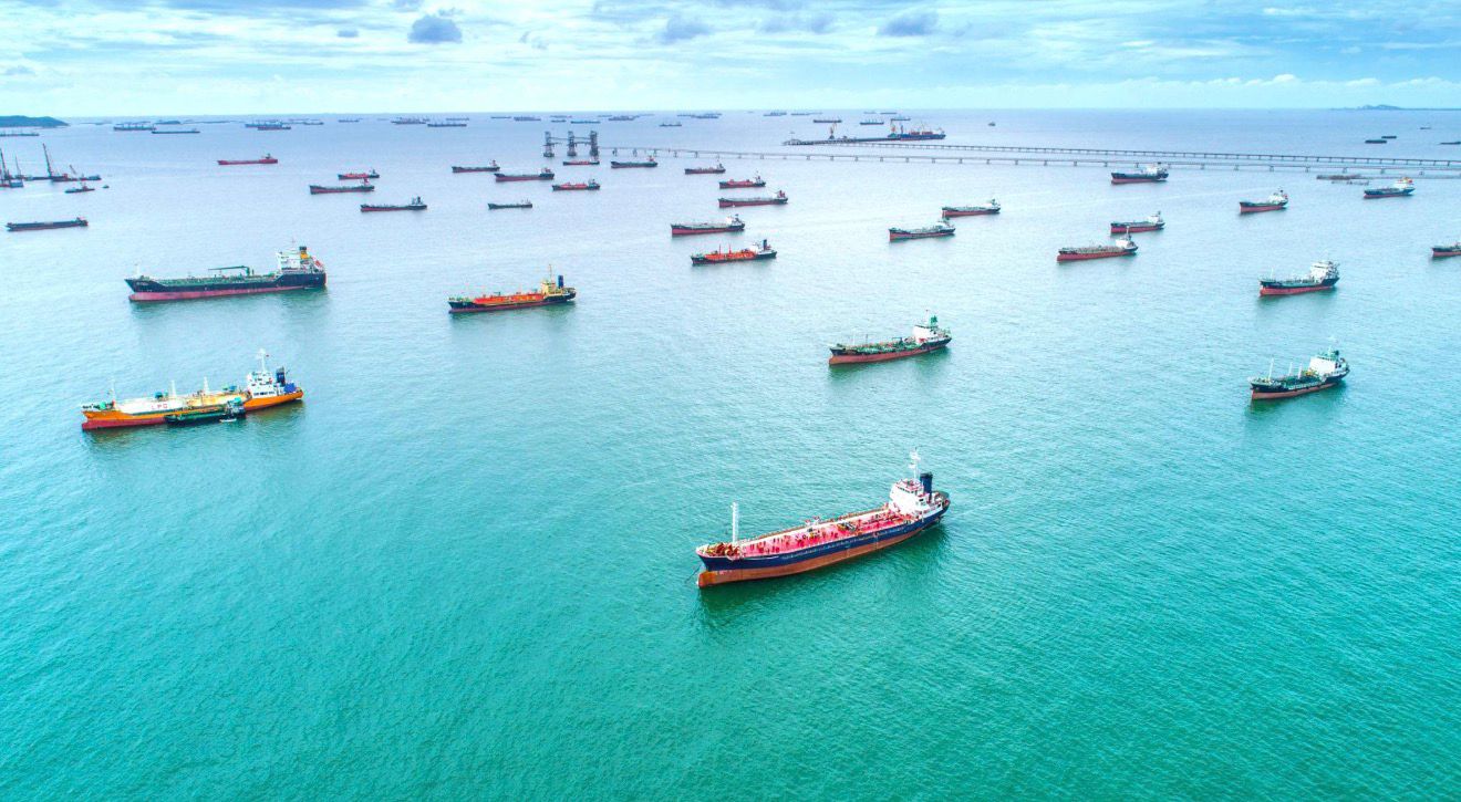 Bunker barge alongside cargo vessel